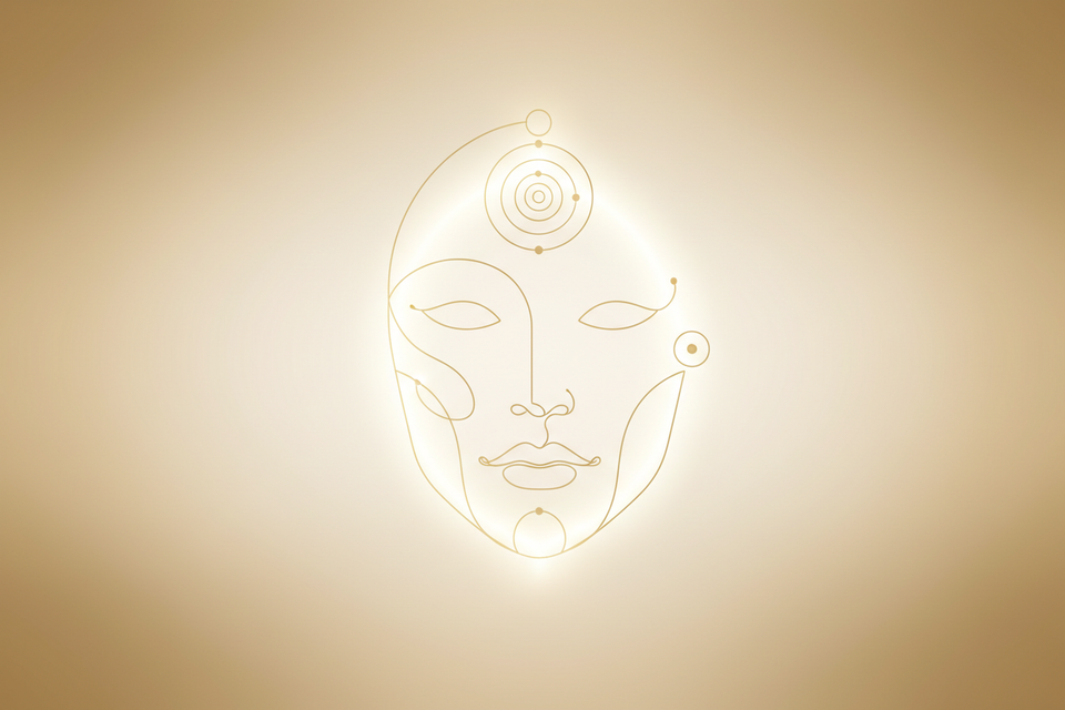 A 1:1 square book cover for a digital e-book titled “Yüzün Kader Haritası” (do not place text). Create a symbolic, elegant visual representing facial mapping, life cycles, and inner wisdom. A soft beige and gold background, minimal line-art style facial outline, subtle geometric shapes resembling energy points and life paths. Gentle light glow around the face silhouette. Modern, spiritual, premium aesthetic, clean and sophisticated design, perfect for a luxury self-development e-book.