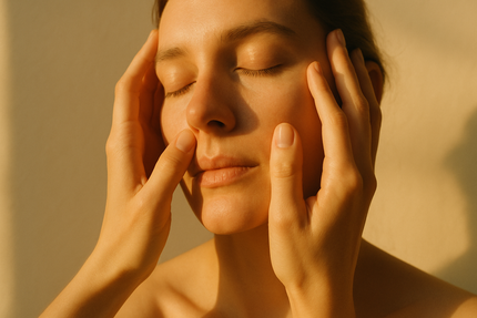 A close-up composition of hands gently touching the face, with subtle golden light and soft shadows. Artistic and spiritual mood, focusing on harmony between touch and emotion. Natural, clean background in warm cream tones.