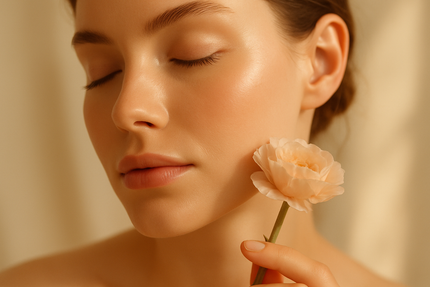 A close-up of a woman’s face illuminated by warm daylight, holding a flower (like an immortelle or rose) near her skin. Soft focus, beige and blush tones, clean luxury look. Symbolizes connection between nature and beauty.
