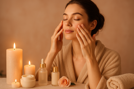 A luxurious skincare ritual scene, showing a woman applying gentle pressure to facial points with fingertips. Soft pink and gold tones, spa-like lighting, fresh and youthful look, focus on serenity and self-care.