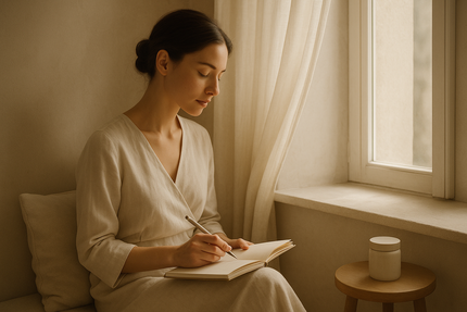 A minimalist and elegant scene of a woman sitting by a window, journaling or reading, soft daylight illuminating her face. Calm beige and ivory tones, natural textures, symbolizing mindfulness and inner awareness. Luxury skincare brand aesthetic, cinematic lighting.