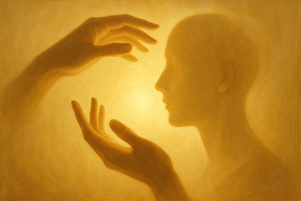 Artistic composition showing hands hovering near a glowing light or face silhouette, golden soft tones, minimal background. Evokes symbolism of touch, energy, and wisdom. Elegant, spiritual, and modern visual style.