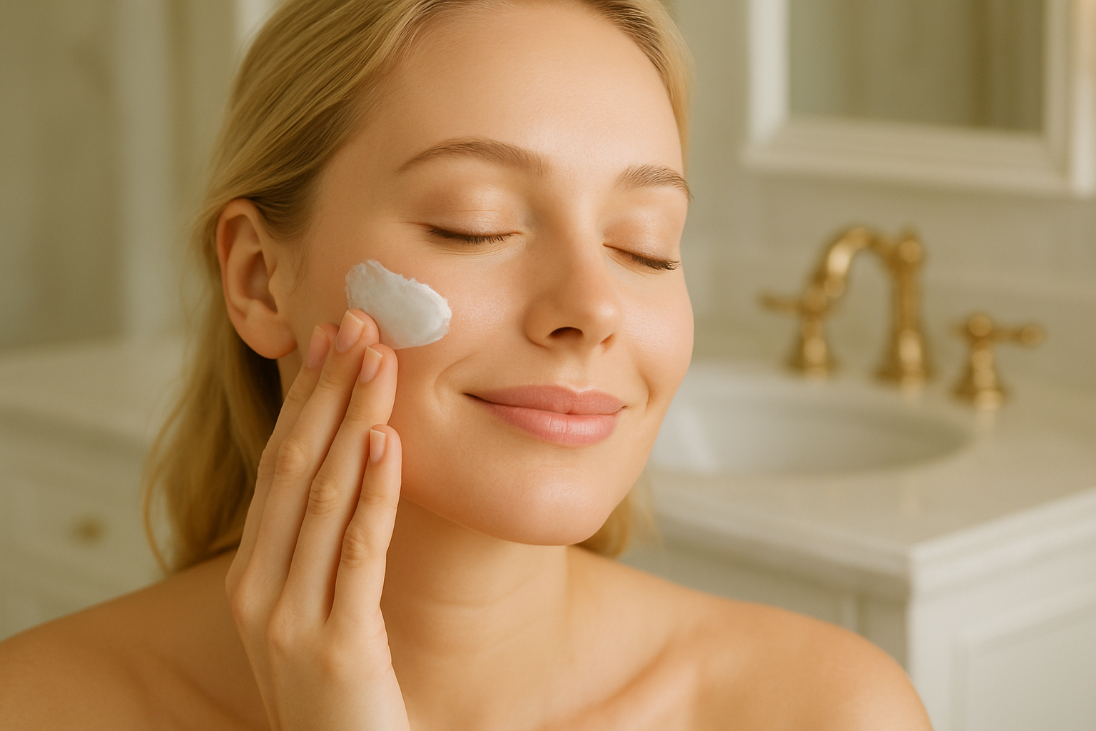 Ürün uygulama videoları için kullanacağım beyaz tenli sarışın bir kadının yüzüne krem sürerken gözleri kapalı şekilde ferahlık ve mutluluk gösteren bir görseli arka planda lüks bir banyo dolabı 
